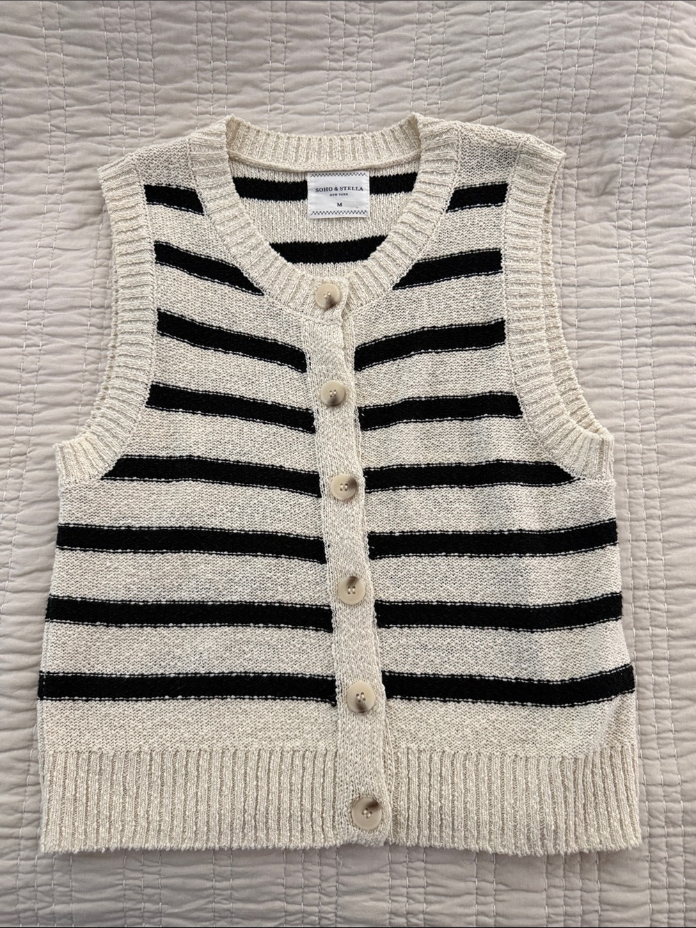 Soho and Stella Cream and Black Striped Knit Button-Up Vest